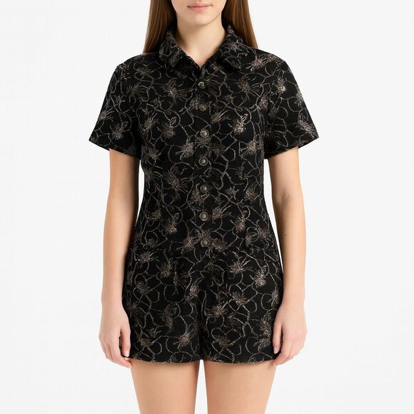 Alexis Belita Floral Jacquard Romper Black Silver Metallic Short Sleeve - Picture 1 of 9